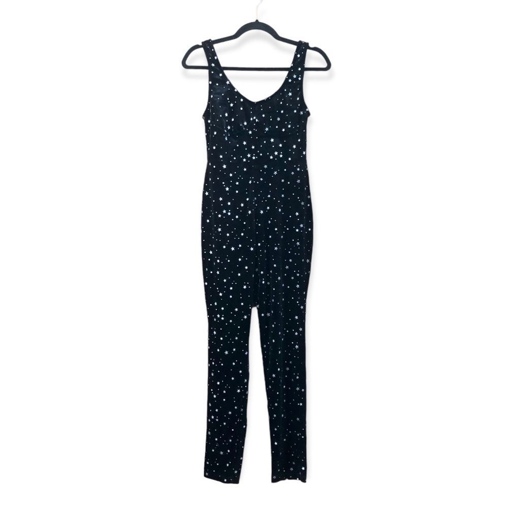 Nasty Gal Star Bodycon Black Velvet Jumpsuit NWT Silver Size 4 Celestial Party - Picture 2 of 6